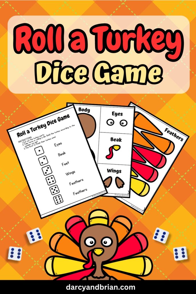 There are three pages of Roll a Dice Game Printable where kids can create their own Turkeys. All placed in yellow and orange background with a big turkey and dices as designs.