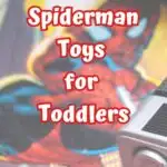 White text outlined in red says Spiderman Toys for Toddlers over a background with a picture of Spidey aiming his web slinger.