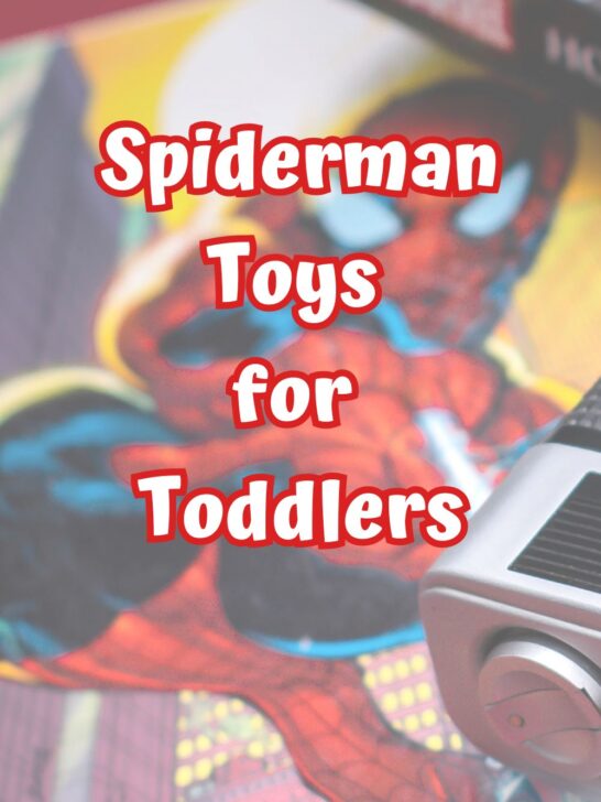 White text outlined in red says Spiderman Toys for Toddlers over a background with a picture of Spidey aiming his web slinger.