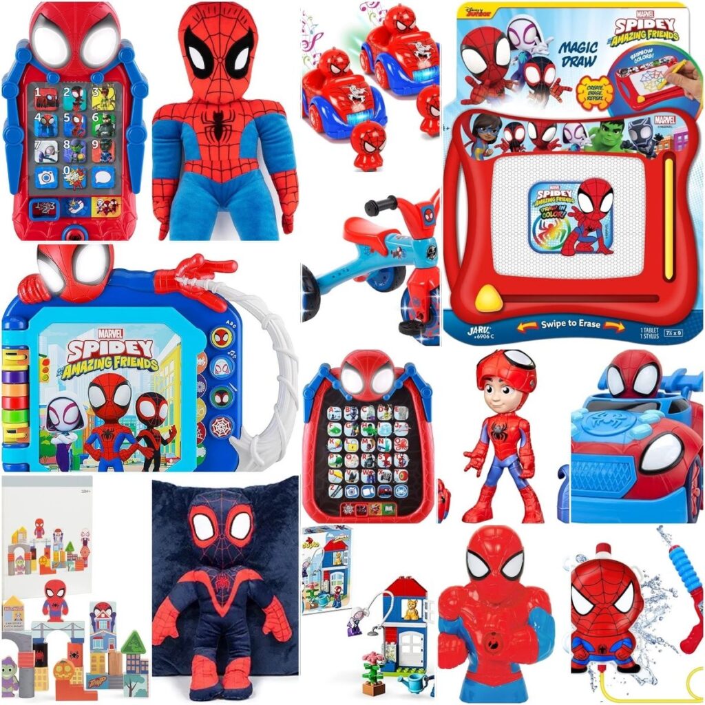 A square collage of over 10 different Spider-Man toys and games that are suitable for young children. From action figures to books to plush.