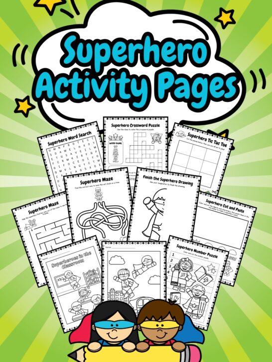 It has the 10 printable pages as the cover page with green background like a superpower effect with Superheroes in a pencil image.