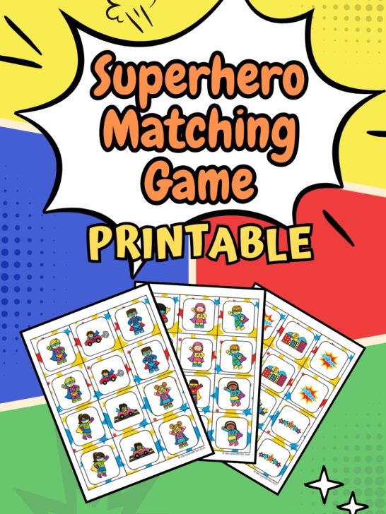 Three pages of Matching Game with colorful Superhero-themed Printables placed in a colorful background of green, yellow, blue, and red.