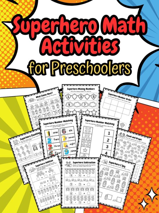 There are ten pages of Superhero Math printables with a bright colors as its design such as yellow, blue, and orange.