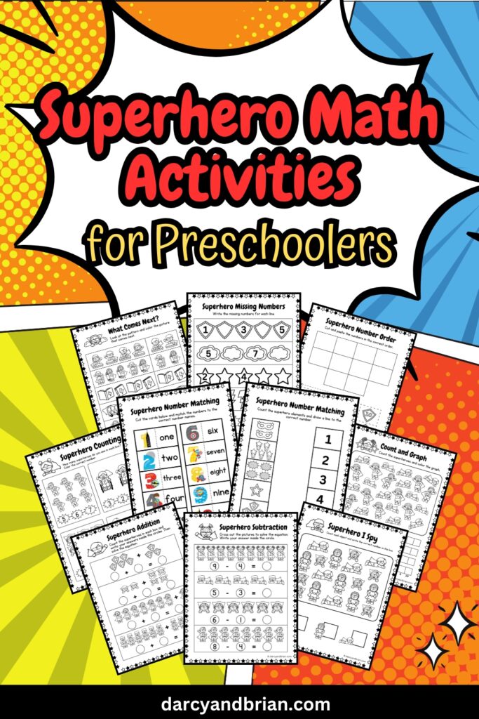 There are ten pages of Superhero Math printables on a background with bright colors with a comic book design such as yellow, blue, and orange.