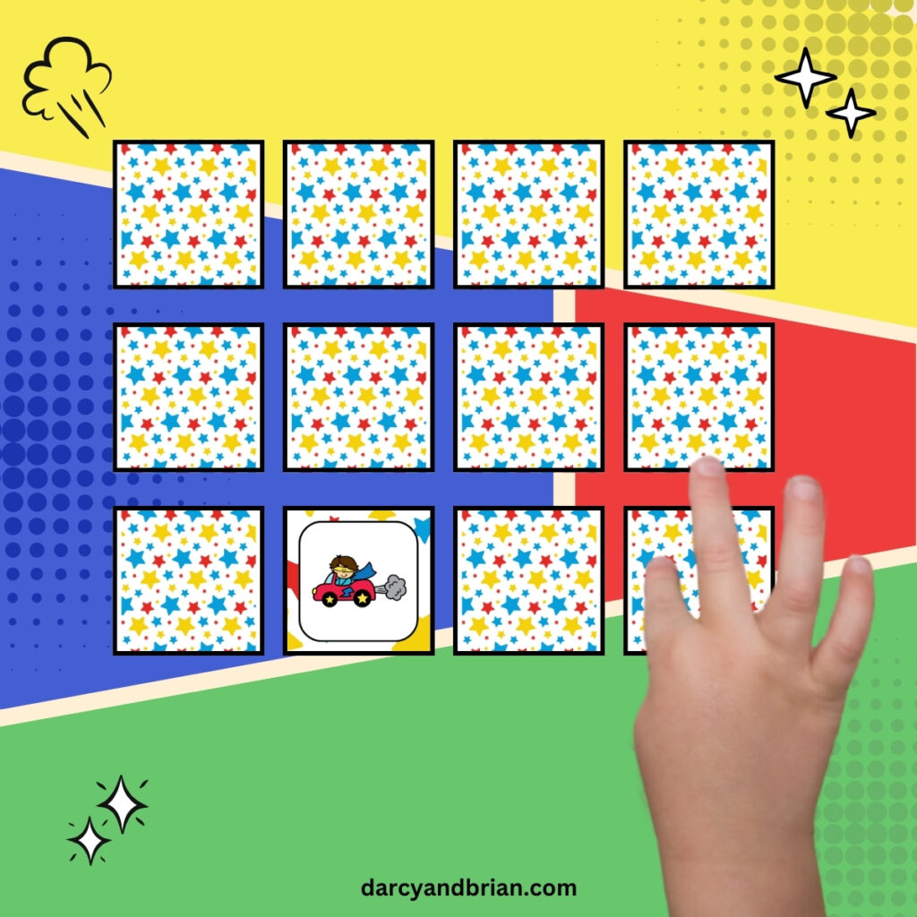 A grid of printable cards with a star pattern on the back that kids can flip and match with the same Superhero characters.