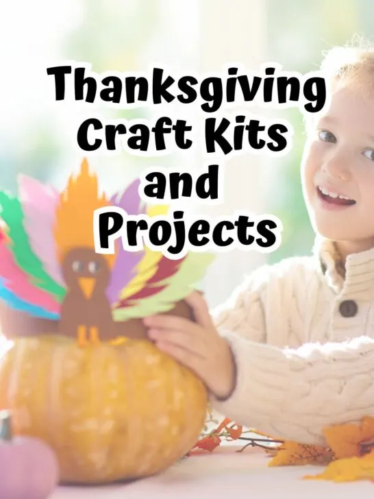 Picture of a young white girl decorating a pumpkin with a turkey craft on top. Black text overlay says Thanksgiving Craft Kits and Projects.