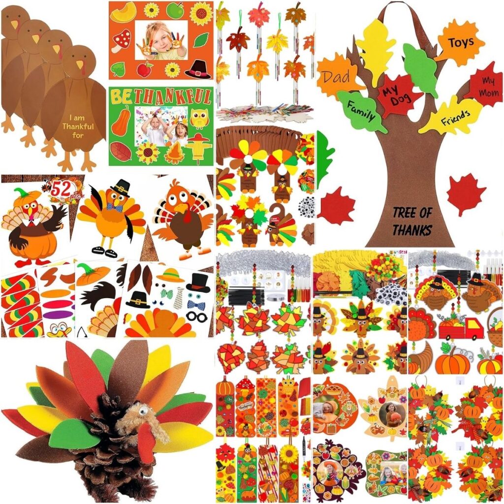 Collage of a variety of Thanksgiving and fall themed craft project kits for kids. Many feature turkeys, pumpkins, and leaves.