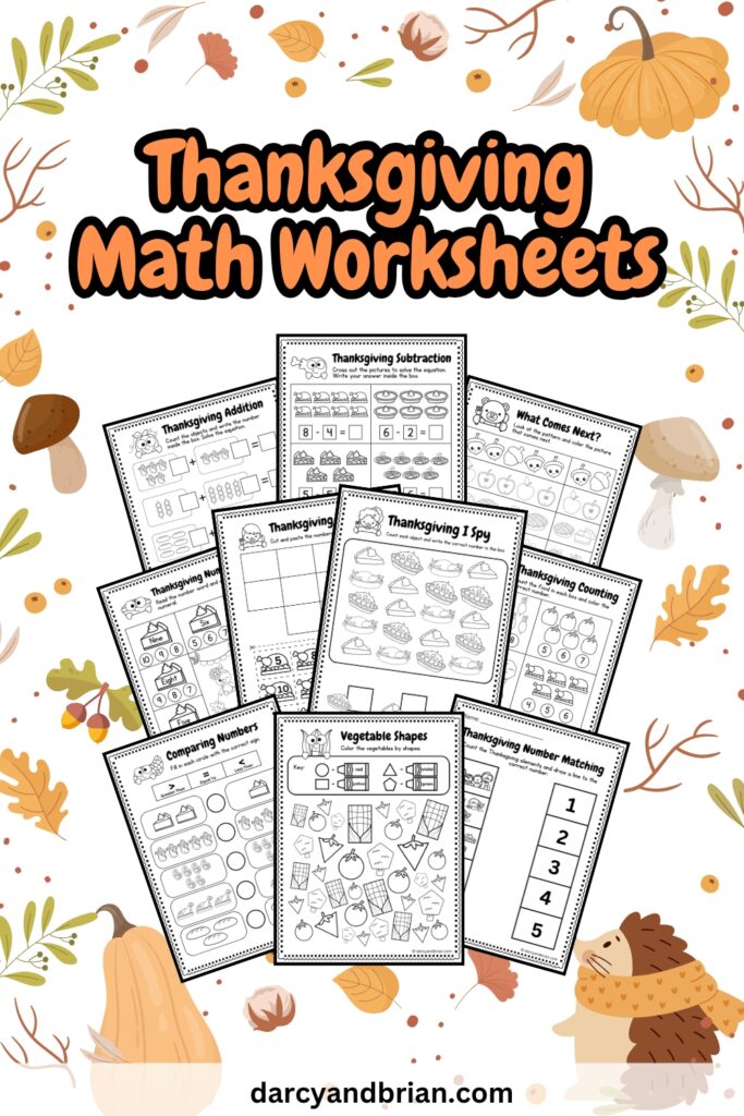 There are 10 pages of Math worksheets with a Thanksgiving holiday theme with some leaves designs in a light background.