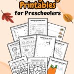 Thanksgiving printables for preschoolers placed in a light background with some leaves as its design.