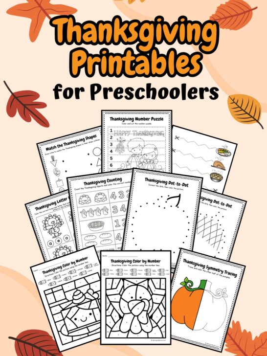 Thanksgiving printables for preschoolers placed in a light background with some leaves as its design.