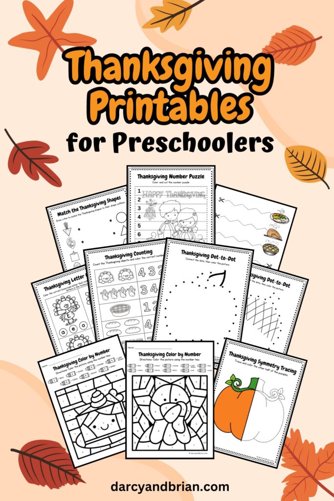 Thanksgiving printables for preschoolers placed in a light background with some leaves as its design.