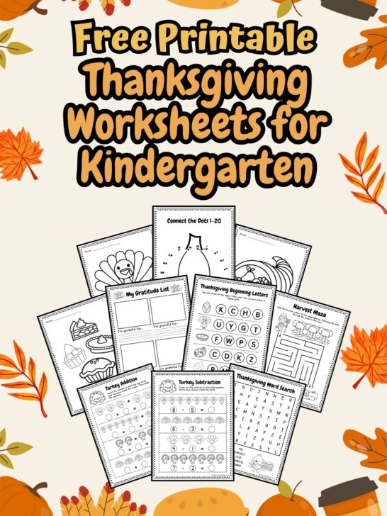 These have all the 10 pages of worksheets for kindergarten this Thanksgiving holiday, places in a light pink background with few fall leaves and more Thanksgiving related design.