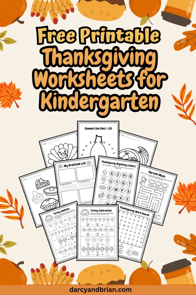 These have all the 10 pages of worksheets for kindergarten this Thanksgiving holiday, places in a light pink background with few fall leaves and more Thanksgiving related design.