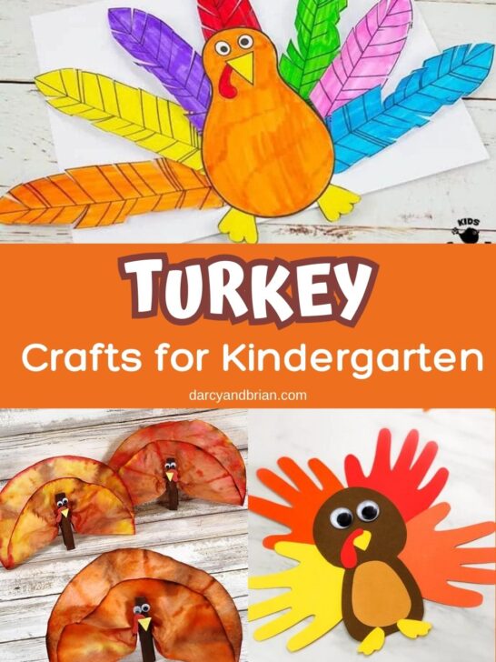 A collage with a colorful paper turkey, one made with coffee filters, and one with handprint feathers. White text on orange background across the middle says Turkey Crafts for Kindergarten.