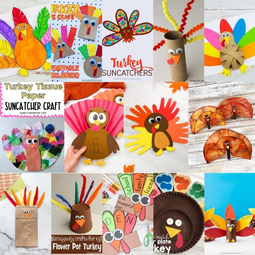 Square collage of over a dozen different turkey crafts that kindergartners can make.