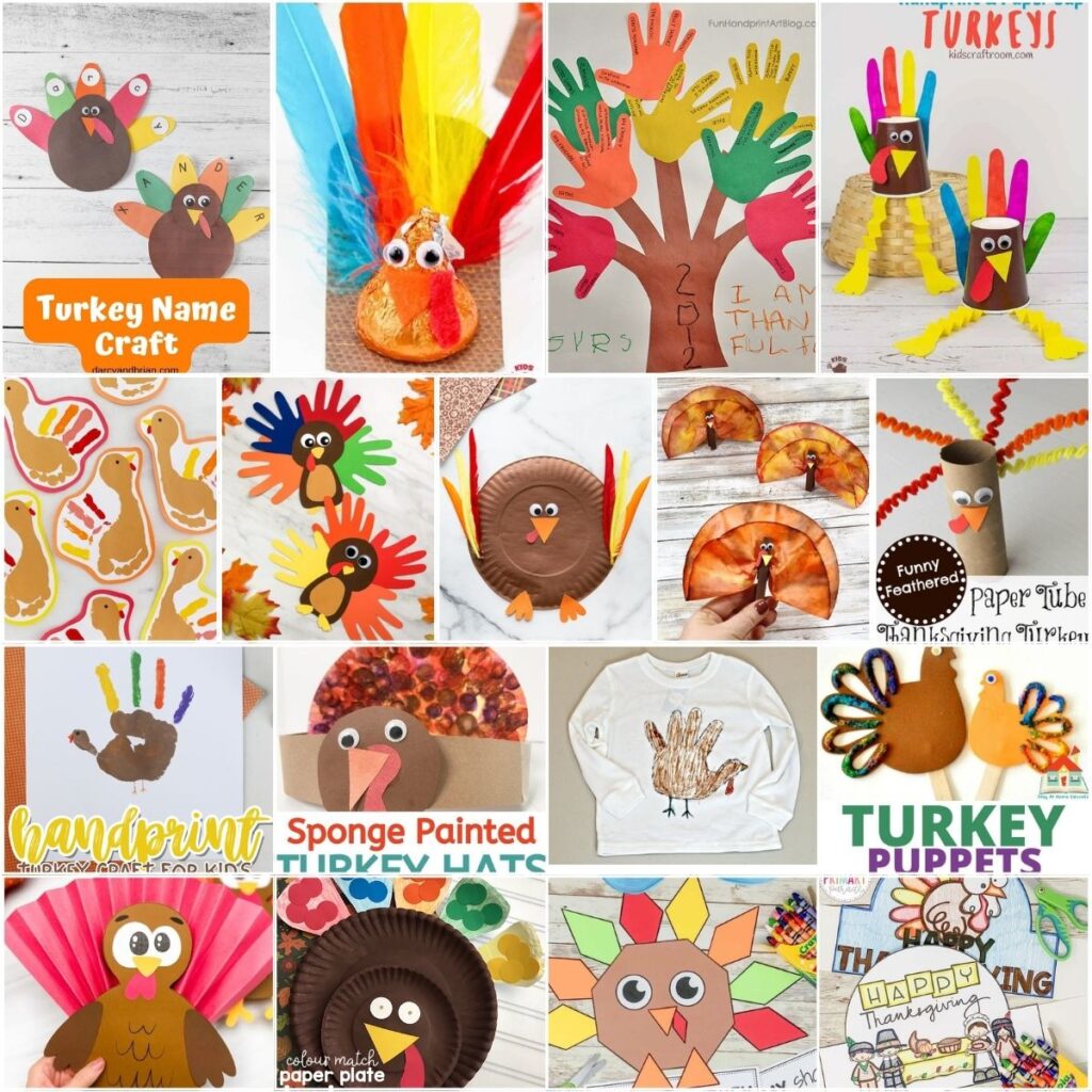 A square collage of over a dozen Thanksgiving-themed craft ideas for preschoolers to make. 