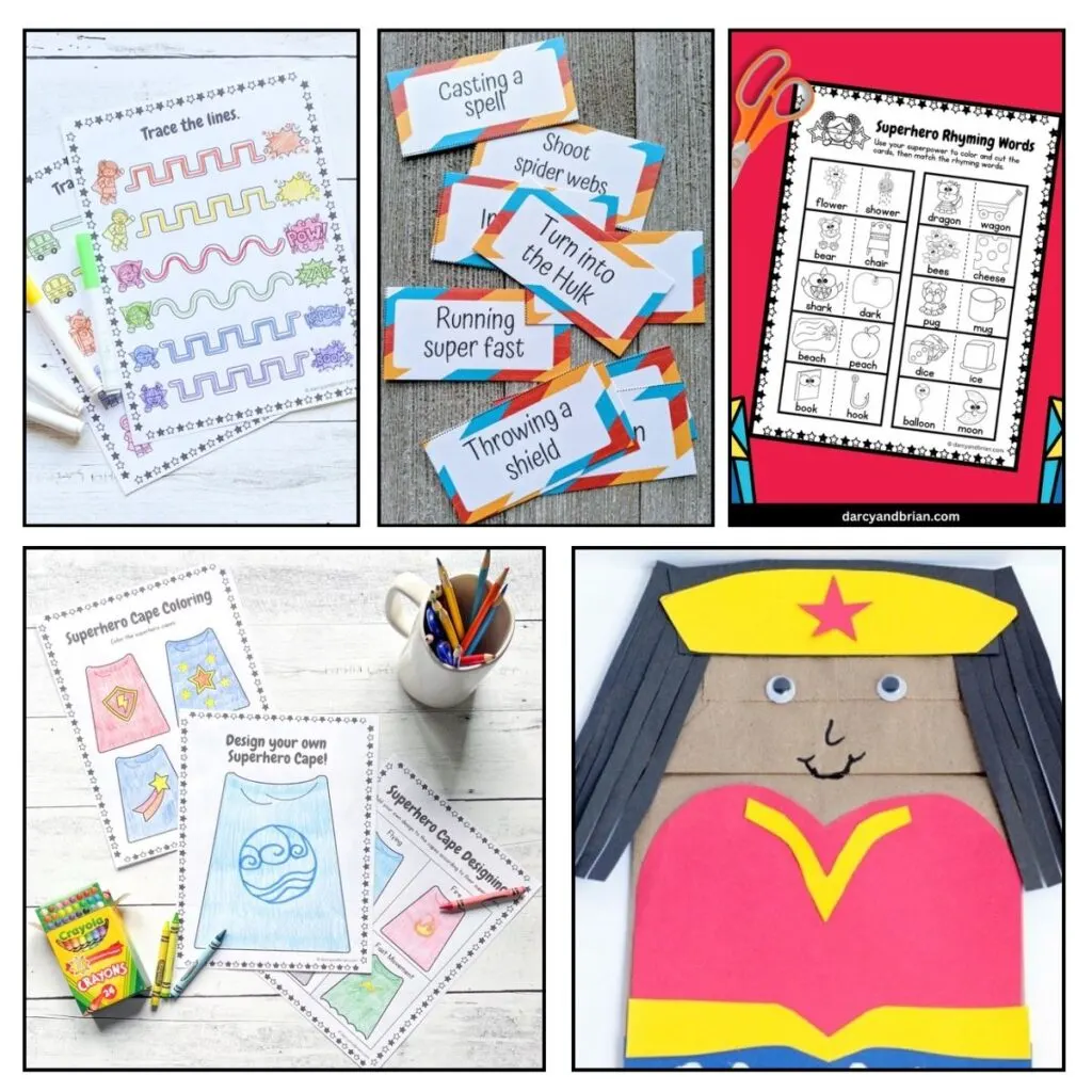 Collage with five different superhero themed activities for kids to do including line tracing, charades game, literacy worksheet, cape design, and puppet craft.