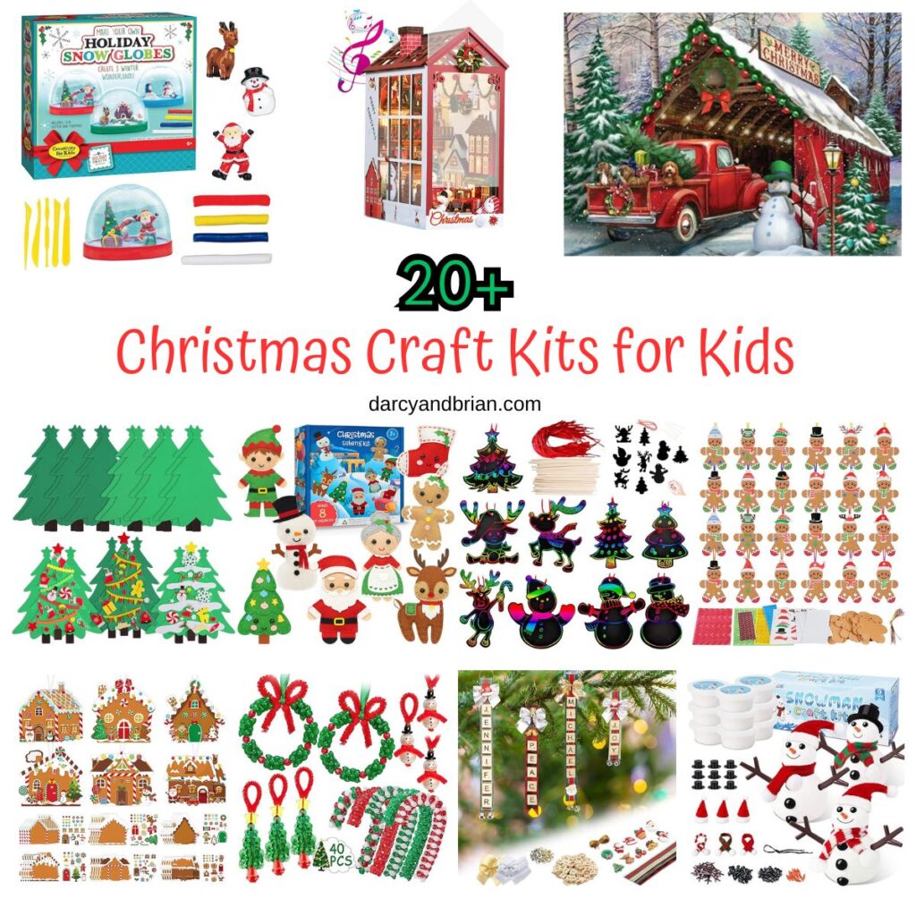 Square collage showing examples of different Christmas-themed crafting kits you can get for kids to work on.