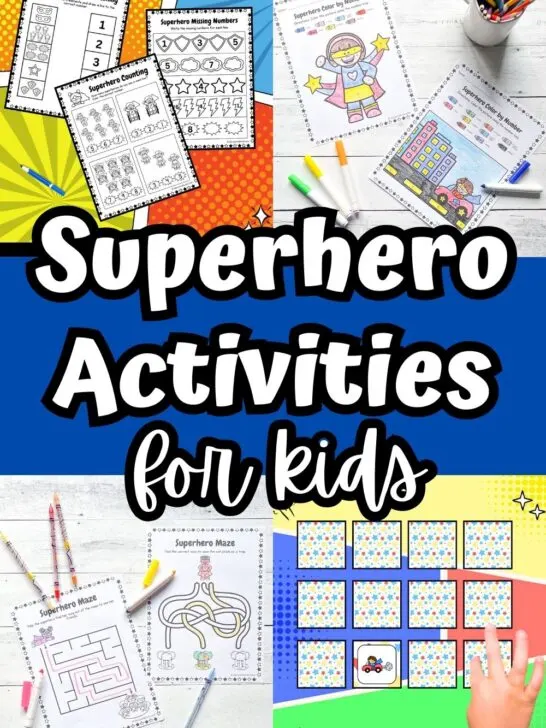 Collage of different activities for kids with a superhero theme including a matching game, coloring pages, mazes, and math worksheets.