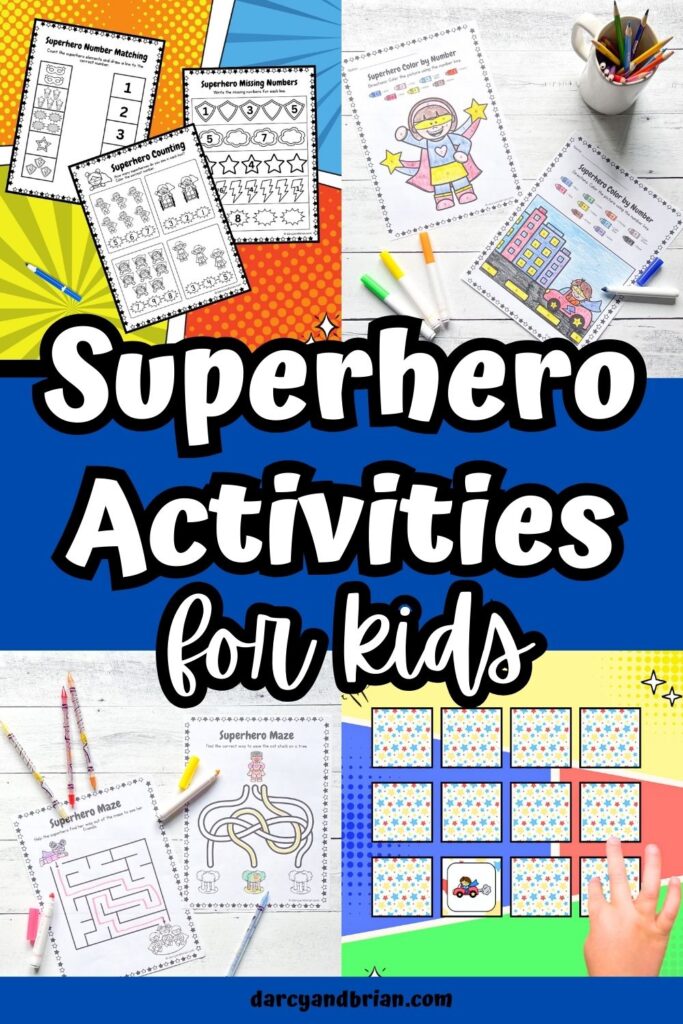 Collage of different activities for kids with a superhero theme including a matching game, coloring pages, mazes, and math worksheets.