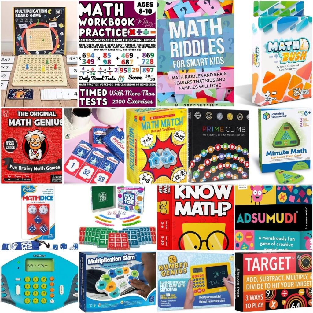 A collage of math games kids can play and a couple activity books.