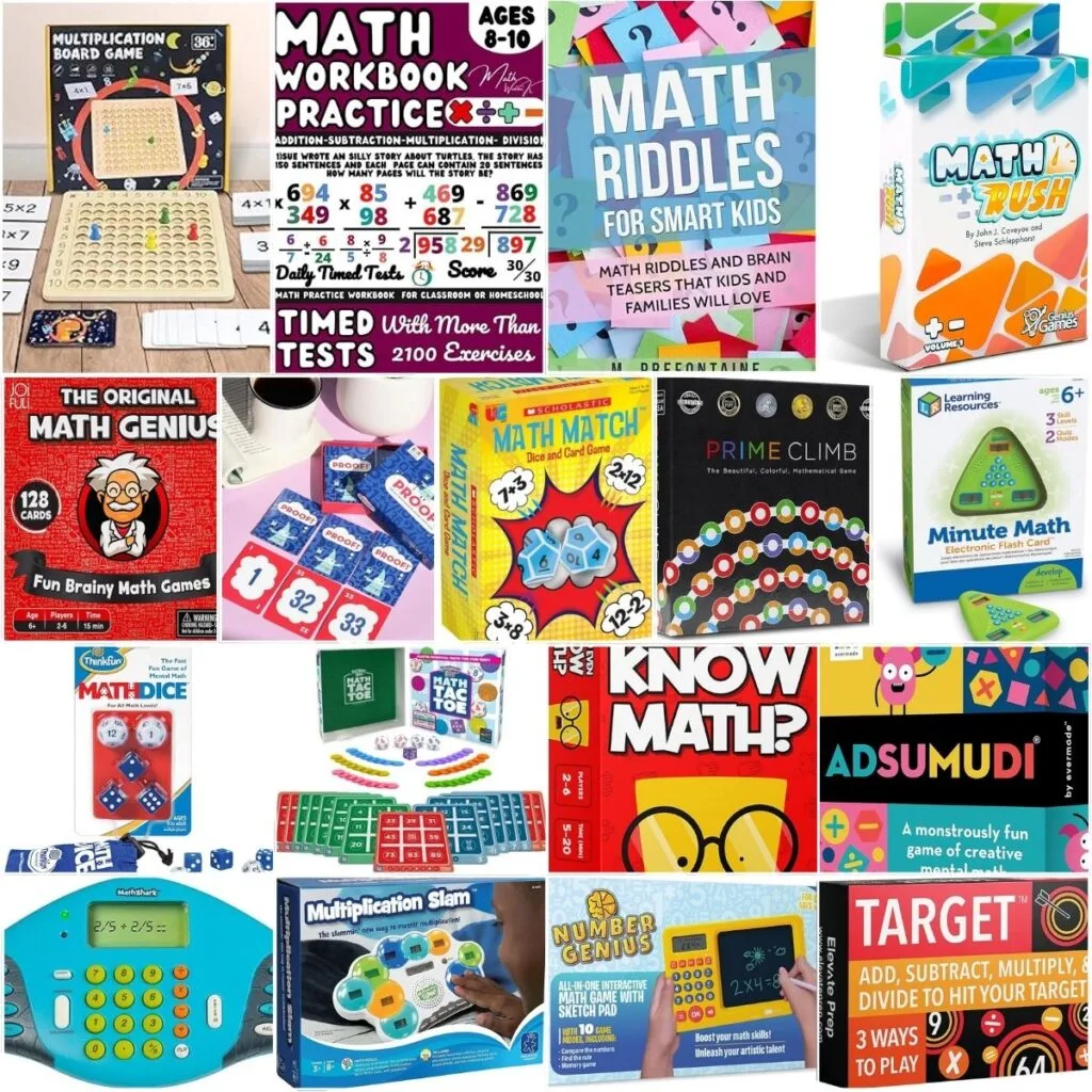 A collage of math games kids can play and a couple activity books.