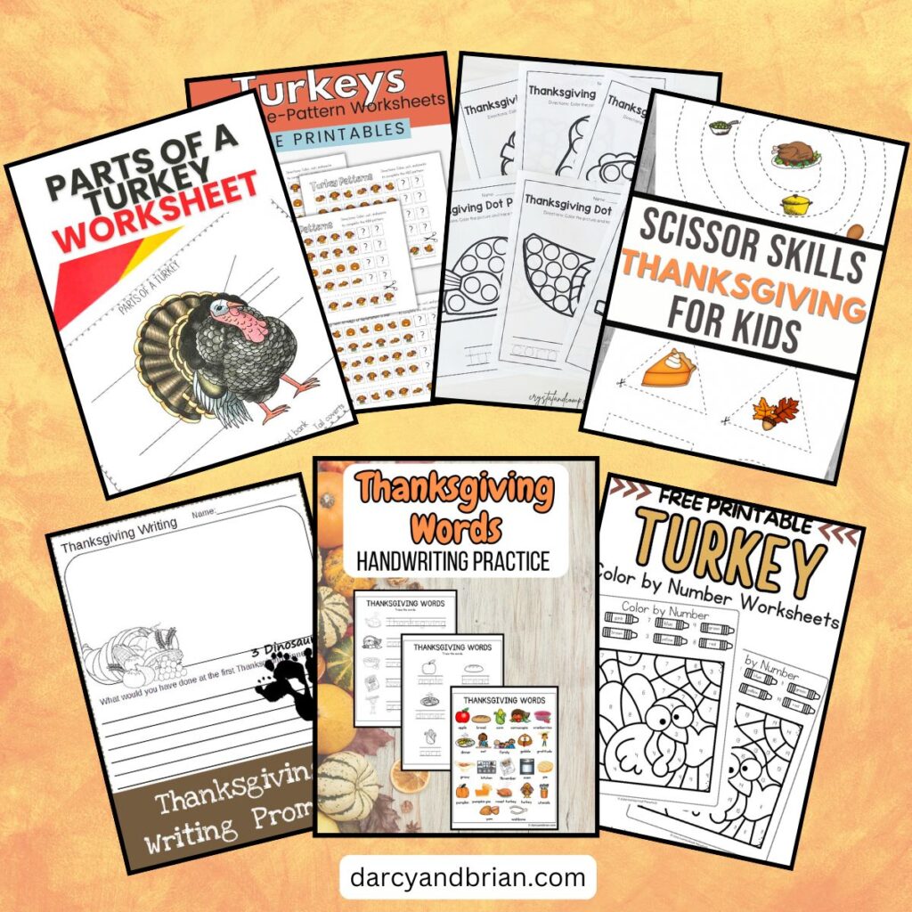 Collage of different turkey and Thanksgiving themed printable activities for kids to do at home or school.