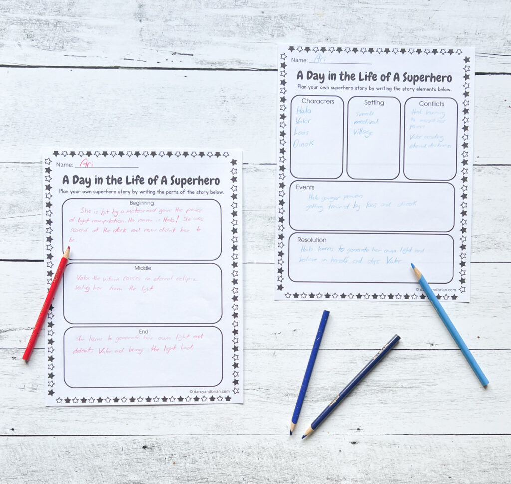 There are two pages of worksheets where kids can write beginning, middle, and end of story along with characters, setting, and more. There are also color pencils placed in a black and white wood background.