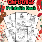 It has 6 pages of printable books for kids to color and write words, all placed in a colorful background of Christmas-themed decorations.