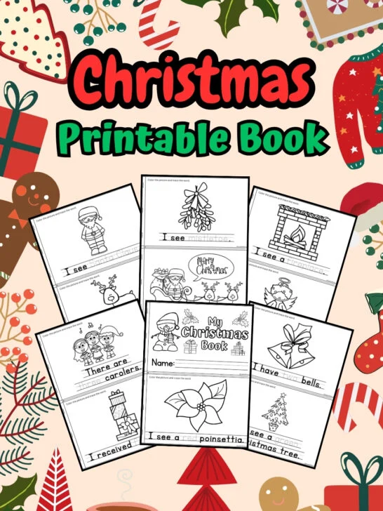 It has 6 pages of printable books for kids to color and write words, all placed in a colorful background of Christmas-themed decorations.