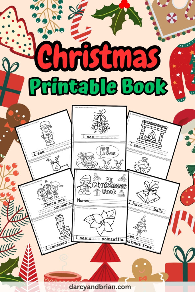 Image has previews of 6 pages pages to color and write words, all placed in a colorful background of Christmas-themed decorations.