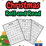 Three pages of CVC words with Christmas-themed decoration placed in a background with full of gifts, Christmas Tree, and colorful lights.