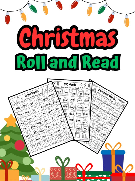 Three pages of CVC words with Christmas-themed decoration placed in a background with full of gifts, Christmas Tree, and colorful lights.