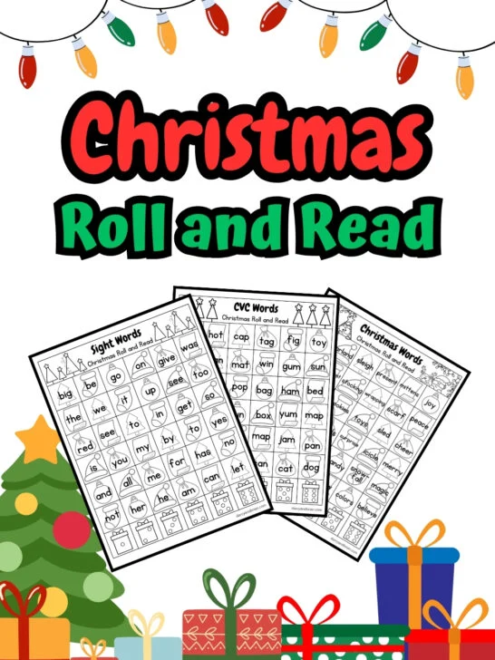 Three pages of CVC words with Christmas-themed decoration placed in a background with full of gifts, Christmas Tree, and colorful lights.