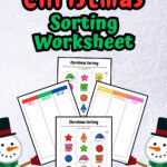 There are three pages of sorting activities of colorful Christmas-themed objects placed in a background with snowmen.