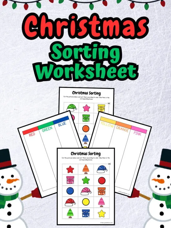 There are three pages of sorting activities of colorful Christmas-themed objects placed in a background with snowmen.