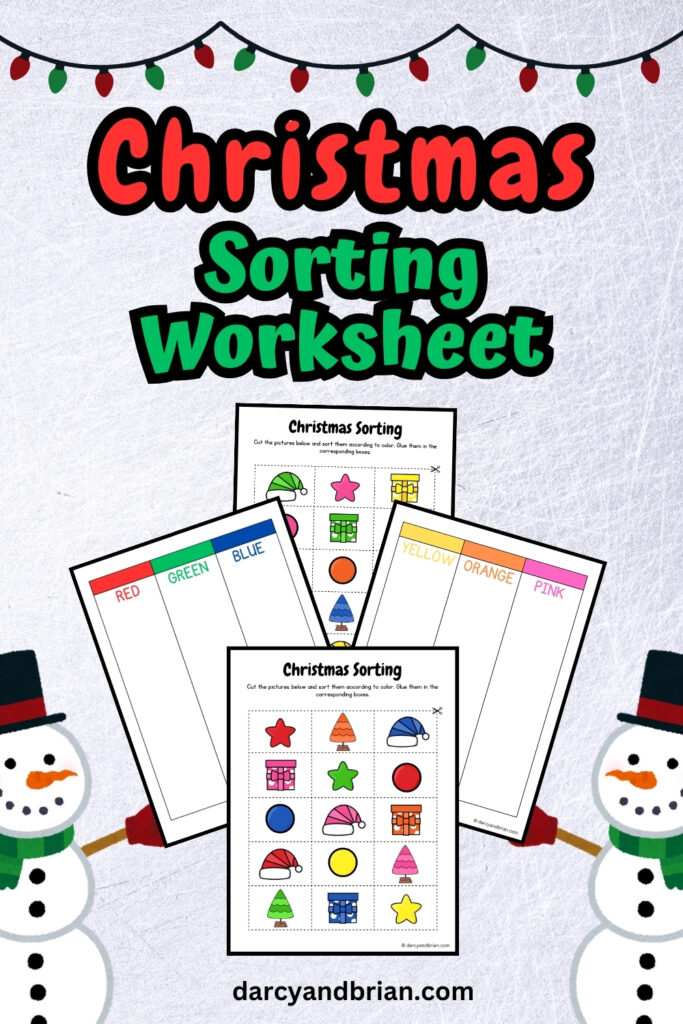 There are three pages of sorting activities of colorful Christmas-themed objects placed in a background with snowmen.