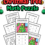 There are eight printables of Math Puzzles with Christmas-themed activities added with Christmas decorations such as balls and leaves on the background.