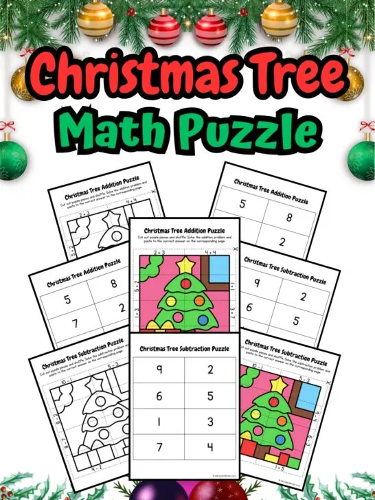 There are eight printables of Math Puzzles with Christmas-themed activities added with Christmas decorations such as balls and leaves on the background.