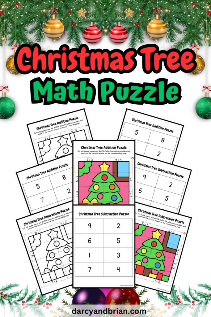 There are eight printables of Math Puzzles with Christmas-themed activities added with Christmas decorations such as balls and leaves on the background.