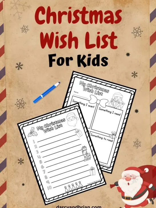 Two pages of worksheets where kids can write their Wish list for Christmas place in an envelop like background.