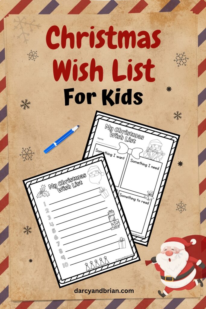 Two pages of worksheets where kids can write their Wish list for Christmas placed on an envelope-style background.