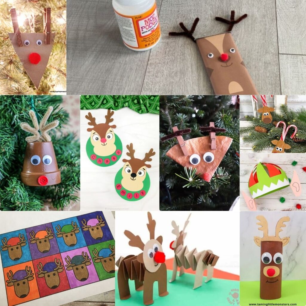 It features few of the Reindeer-themed crafts for kids for the holiday season made from colored paper, some art materials like clips, pompom, strings, and more. 