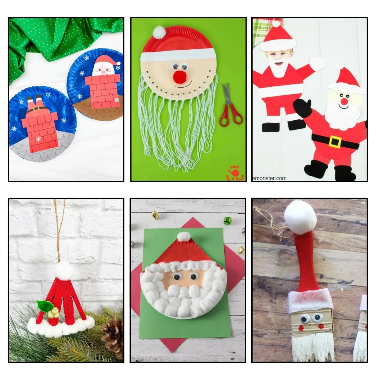 It has six featured photos of Santa-themed crafts for kids out of paper plates, paper, paintbrush, popsicle sticks, and more.