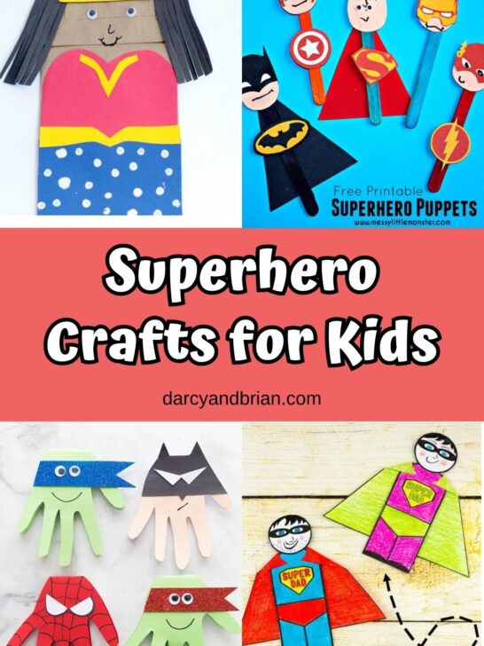 Collage featuring different superhero craft ideas such as a Wonder Woman puppet, handprint superheros, and more.