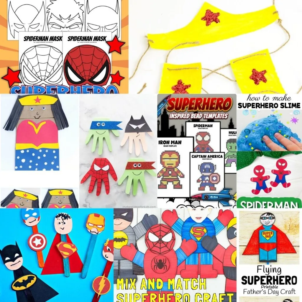 Collage image of 10 different craft projects with a superhero theme.