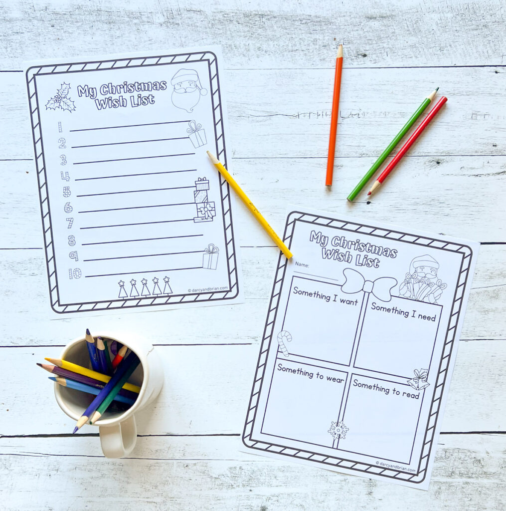 There are two pages of wish list worksheet where they can write and draw their wishes, along with some color pens on the background.