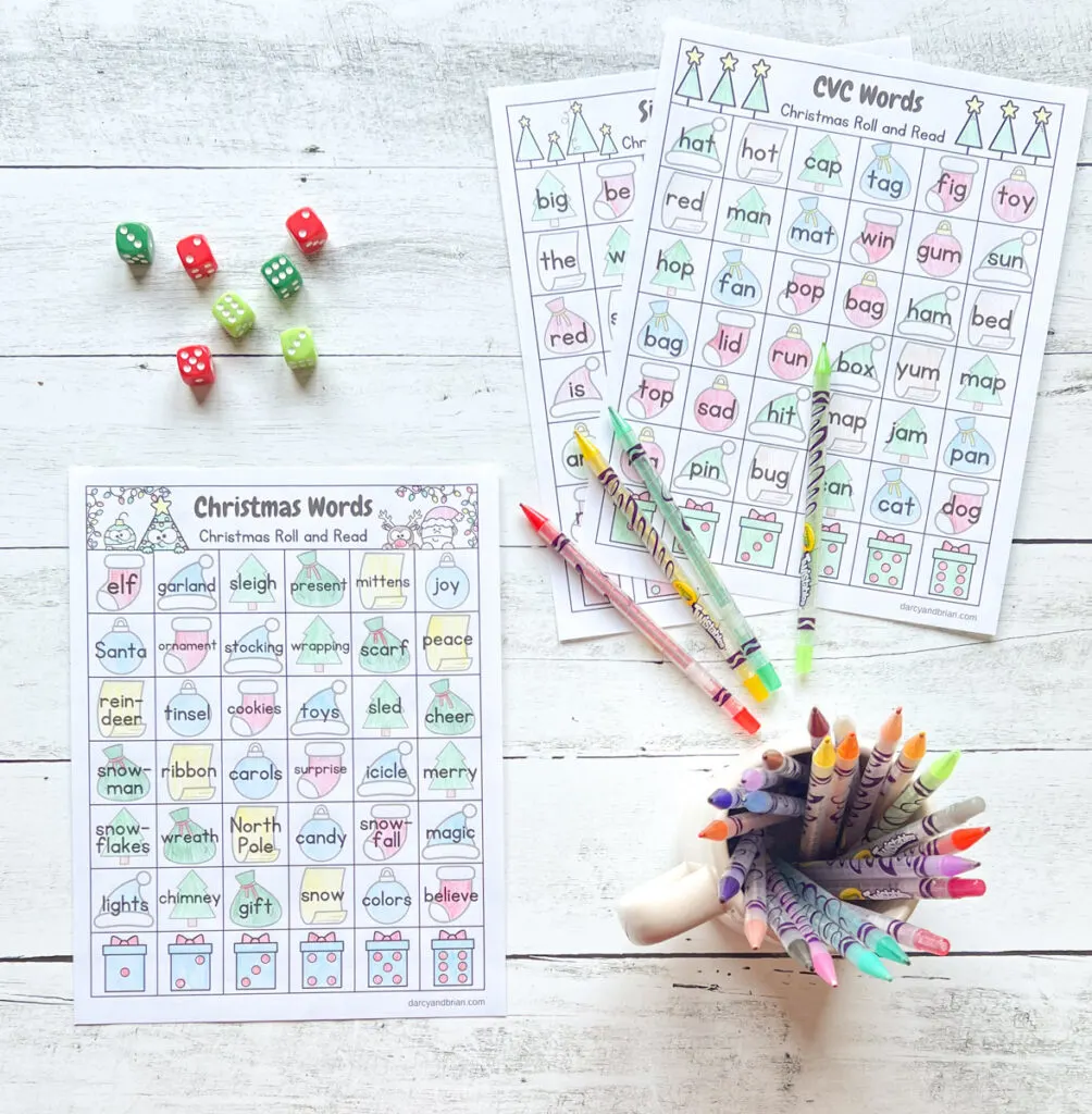 Three pages of CVC words with colors on each word, dice, and color pens, all placed in a black and white background.