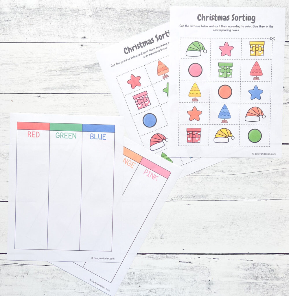 Two pages of printable with the colors Red, Green, Blue, Yellow, Orange, and pink, and two paged of pictures to cut with scissors and glue on the color column.