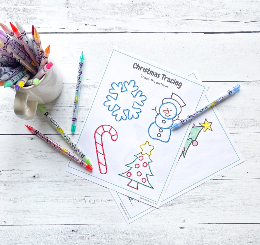 It has a page where kids can trace some Christmas-themed decor such as cane, snowmen, snowflake, and Christmas tree, along with the color pens with glitters.